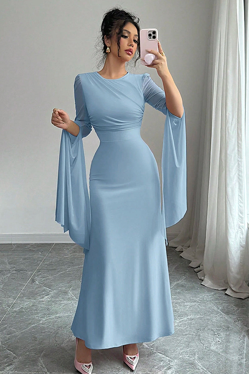 Summer Spliced Mesh Long Dress with Flare Sleeves