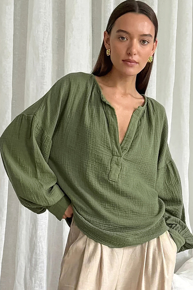 Minimalist Cotton Lantern Sleeve Casual Shirt