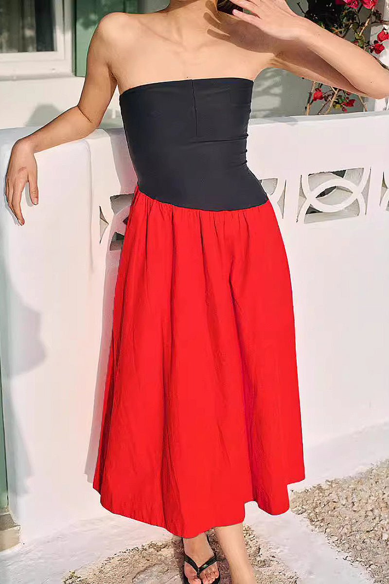 Fashion Color Block Strapless Maxi Dress