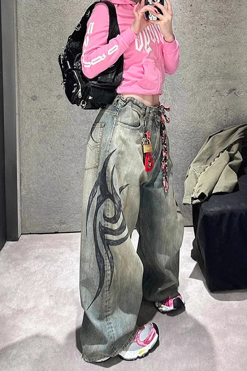 Y2K High Street Printed Wide Leg Jeans