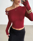 Retro Burgundy Rose Off-Shoulder T-Shirt for Women