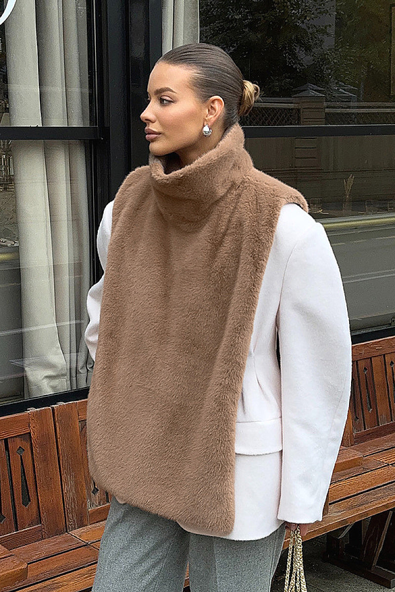 Trendy Sleeveless High Neck Faux Fur Vest