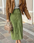 Avocado Green Suede Midi Skirt for Women