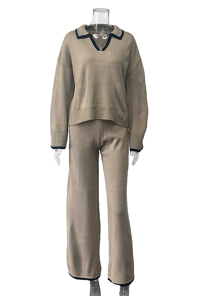 Trendy Color Block Polo Neck Sweater and Pants Set