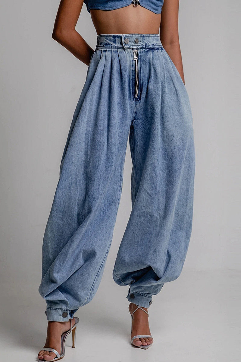 High Waist Zipper Cuffed Denim Pants for Women