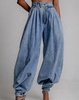 High Waist Zipper Cuffed Denim Pants for Women