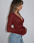 Chic Women's V-Neck Lace Long Sleeve Top
