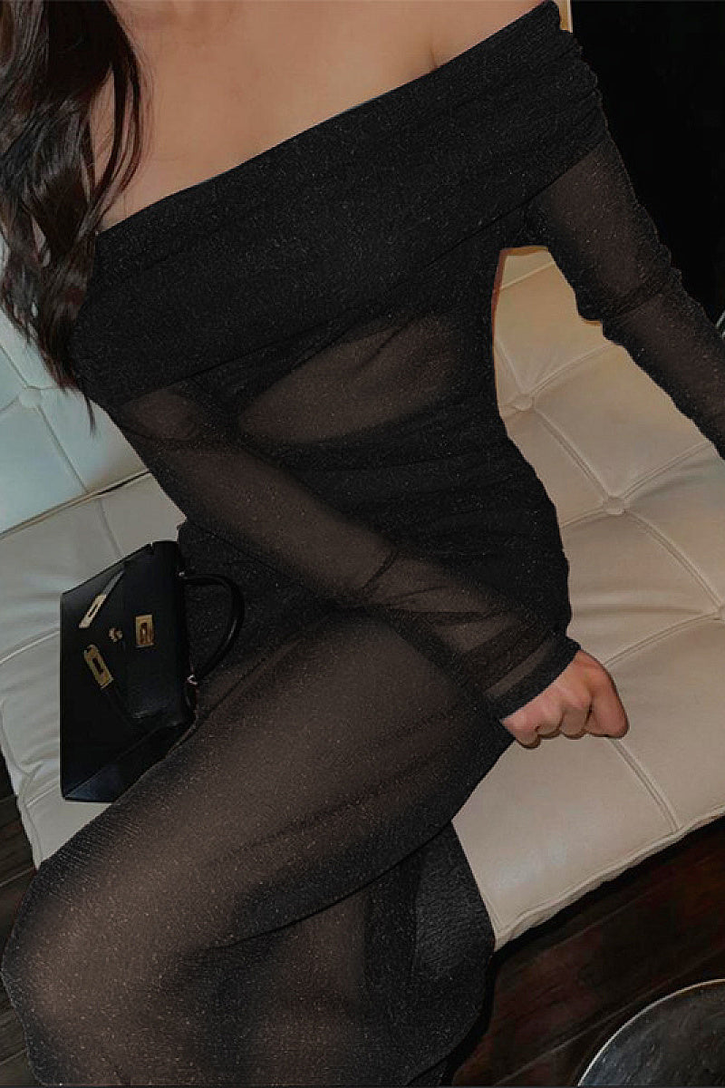 Sexy Sheer Off-Shoulder Long Sleeve Bodycon Dress