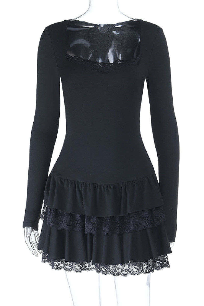 Mini Ruffled Neck Long Sleeve Dress for Women