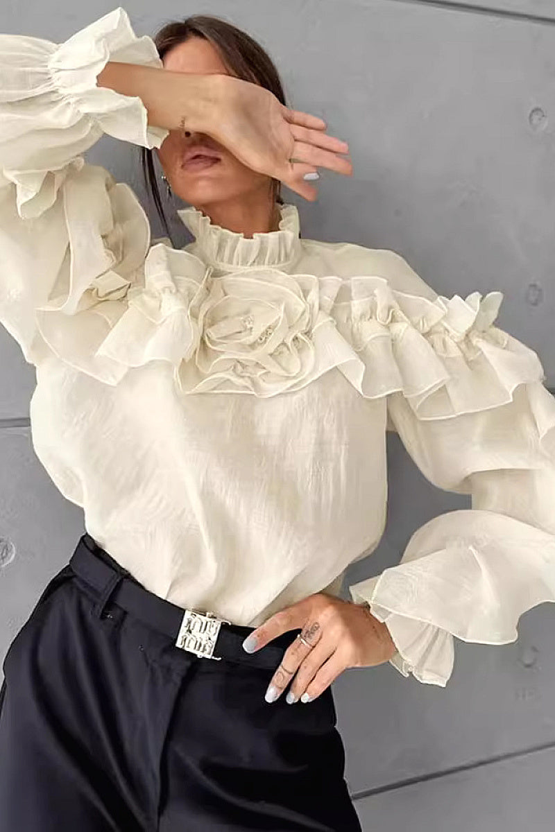 French Style Summer Sheer Collar Blouse with Ruffles