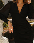 Elegant Black Chiffon Deep V Long Sleeve Dress