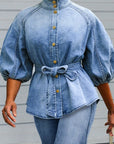 Lightweight Loose Women's Denim Shirt with Bow