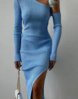 Stylish Long Sweater Dress with Asymmetrical Neck