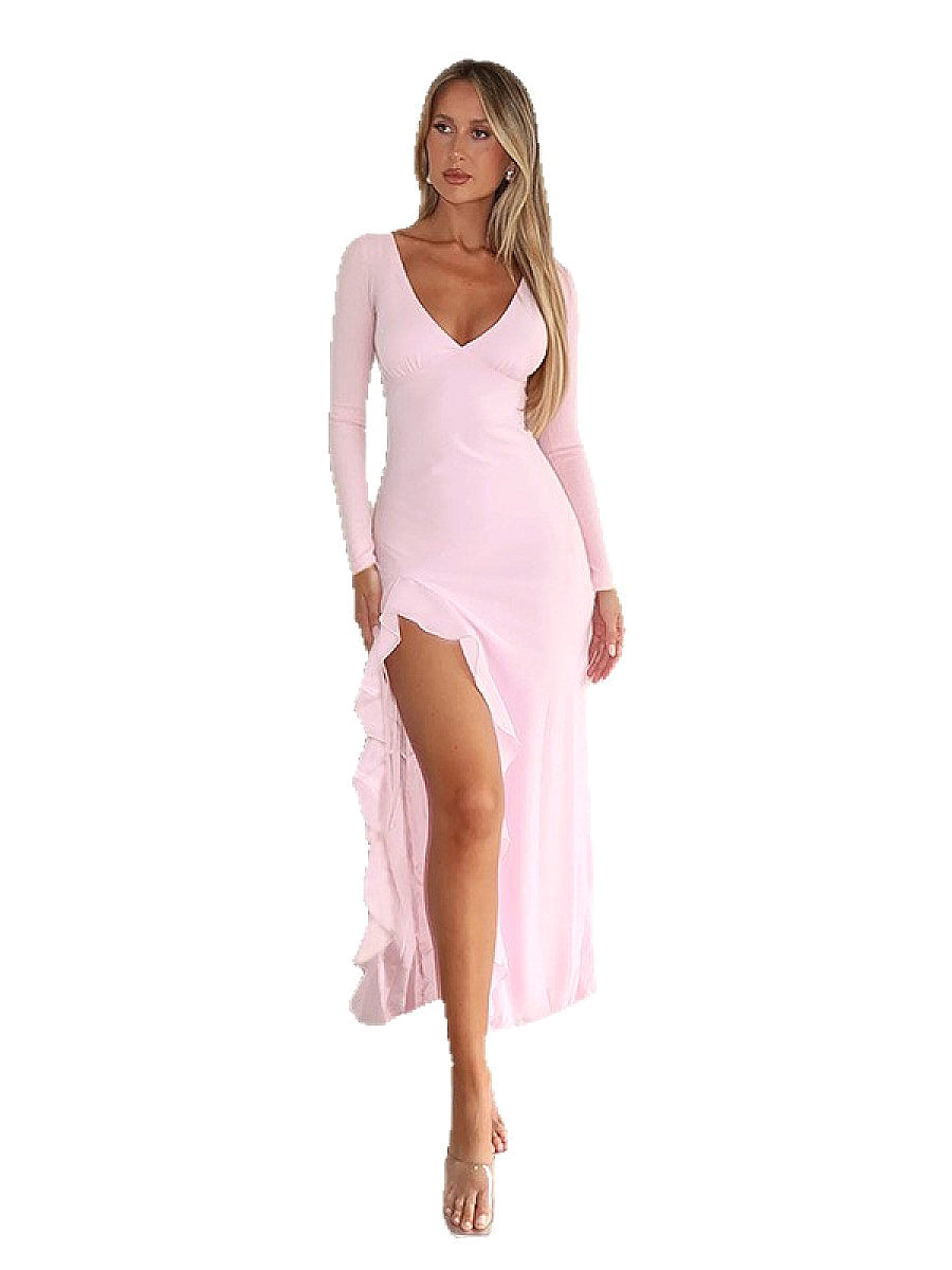 Sexy Deep V Neck Long Sleeve Ruffle Split Dress