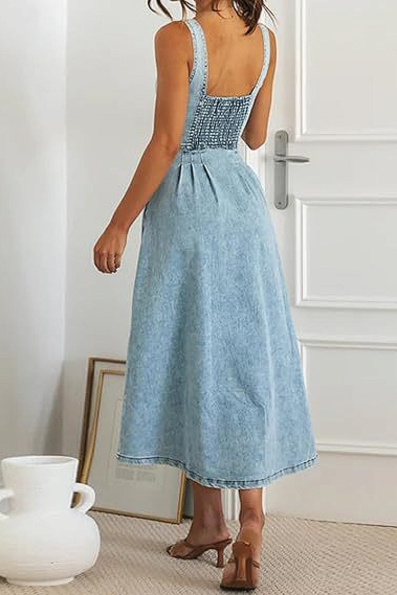 Summer Women's Blue Denim Button-Down Dress