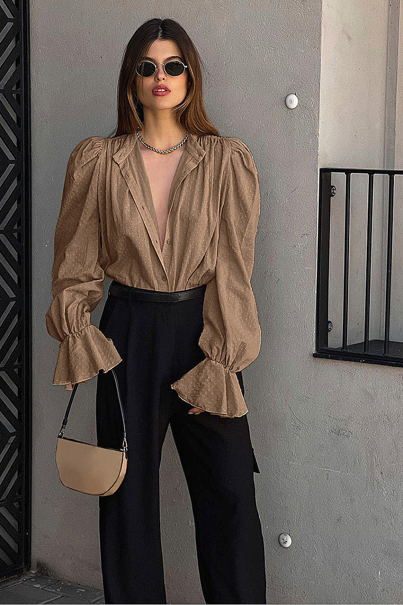 French Jacquard Puff Sleeve Shirt for Casual Style
