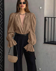 French Jacquard Puff Sleeve Shirt for Casual Style