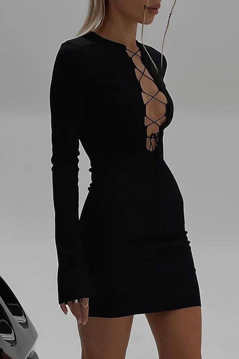 Fashionable Solid Color Long Sleeve Dress