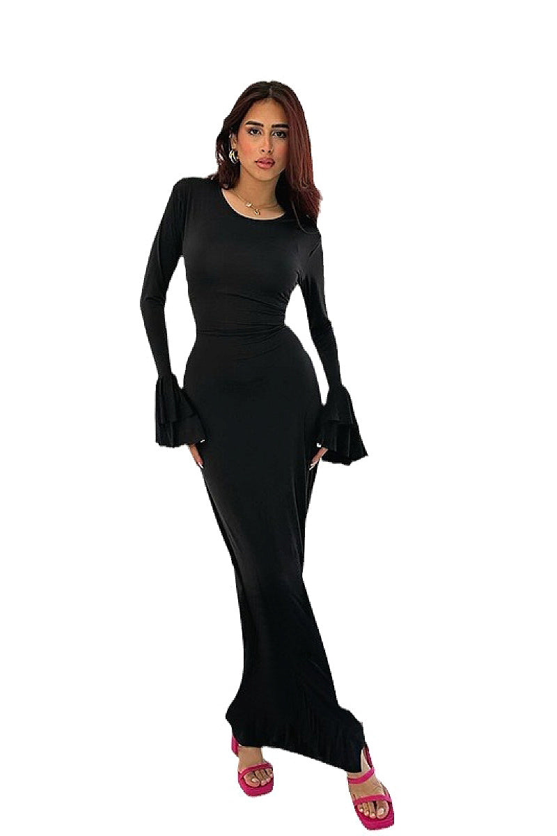 Elegant Black A-Line Dress with Long Sleeves