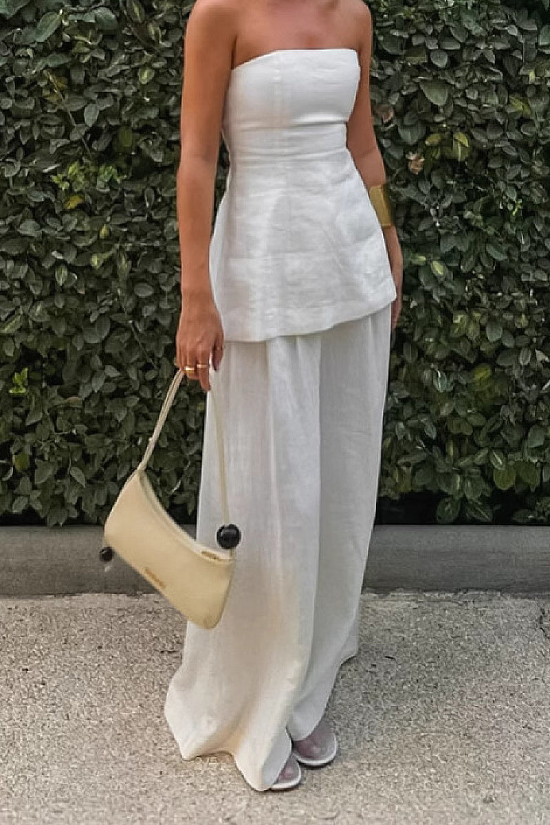 Chic Strapless Top and High Waist Wide Leg Set