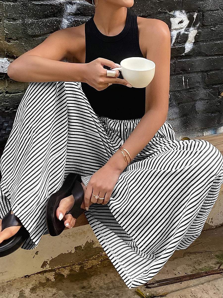 Trendy Striped Wide Leg Pants with Elastic Waist