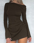 Off Shoulder Long Sleeve Drawstring Mini Dress