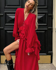 Red Ruffled A-Line Dress with Lantern Sleeves