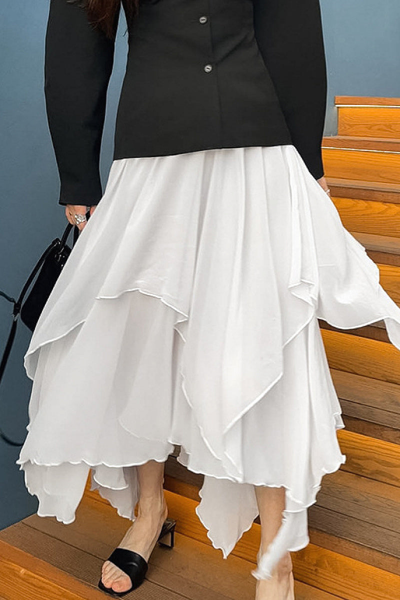 Elegant White Ruffled Chiffon Midi Skirt