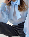 Spring Elegant French Sheer Bow Mesh Top