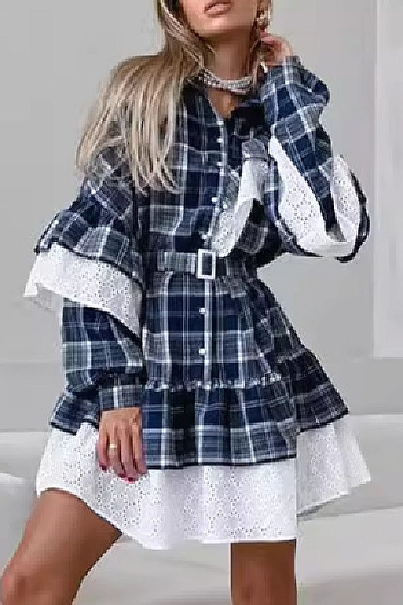New Plaid Long Sleeve Dress with Ruffle Hem