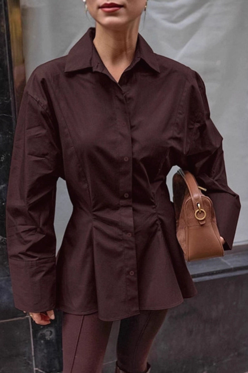 Brown Waist-Defined Pleated Shirt for Women
