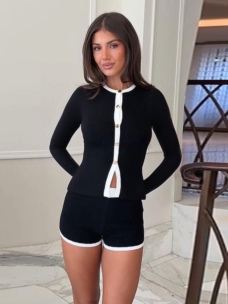 Color Block Long Sleeve Cardigan and Shorts Set