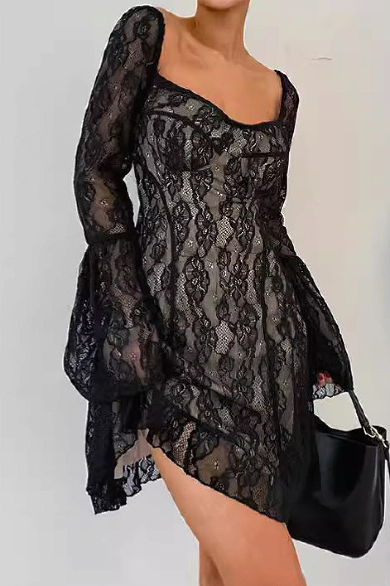 French Lace Off-Shoulder Dress for Autumn