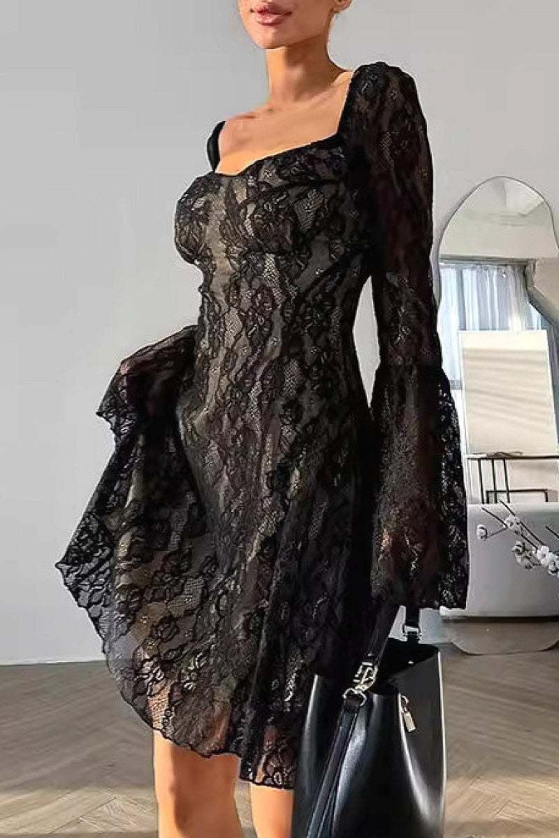 French Lace Off-Shoulder Dress for Autumn