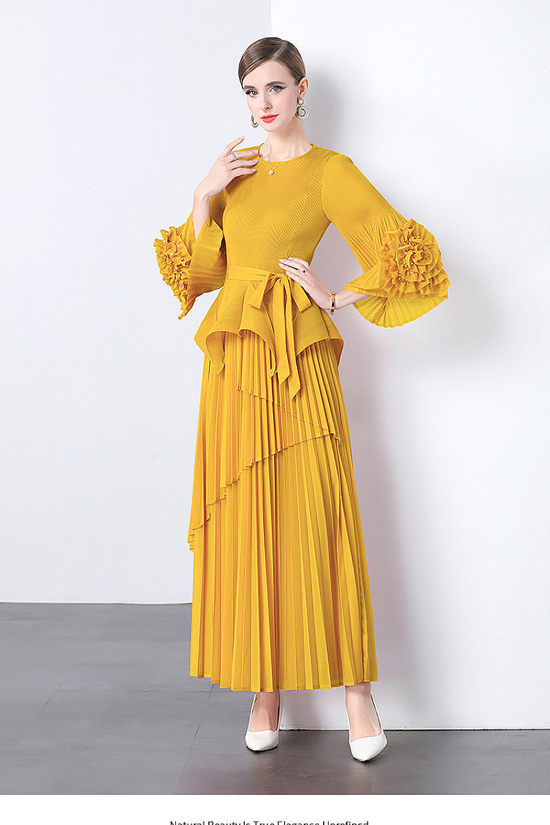 European Style Tie Waist Flare Sleeve Top Set