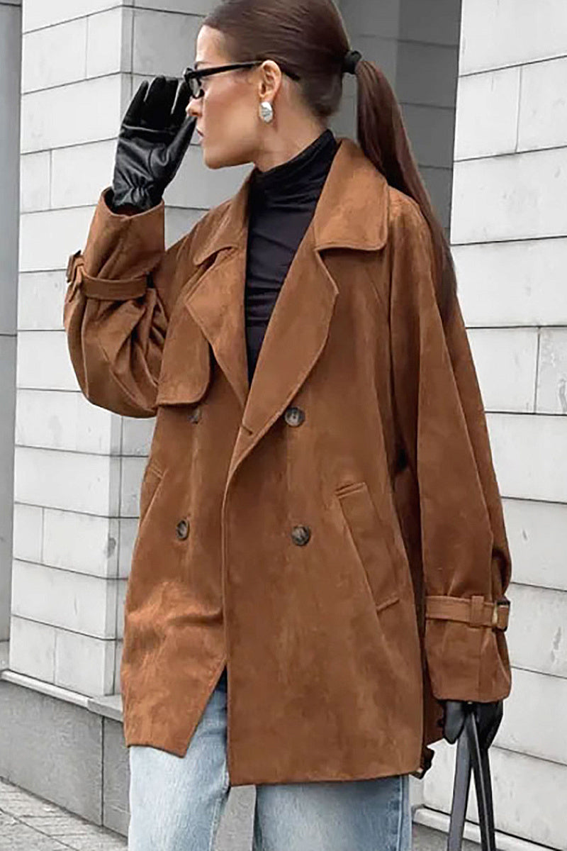 Brown Double-Breasted Suede Coat for Women