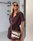 Solid Color Short Sleeve Jumpsuit with Shirt Collar