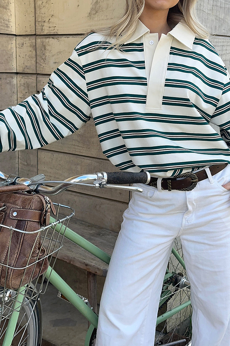 Spring Loose Striped Polo Neck Long Sleeve Top