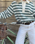 Spring Loose Striped Polo Neck Long Sleeve Top
