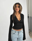 Sexy Lace Trim Deep V Neck Long Sleeve Top