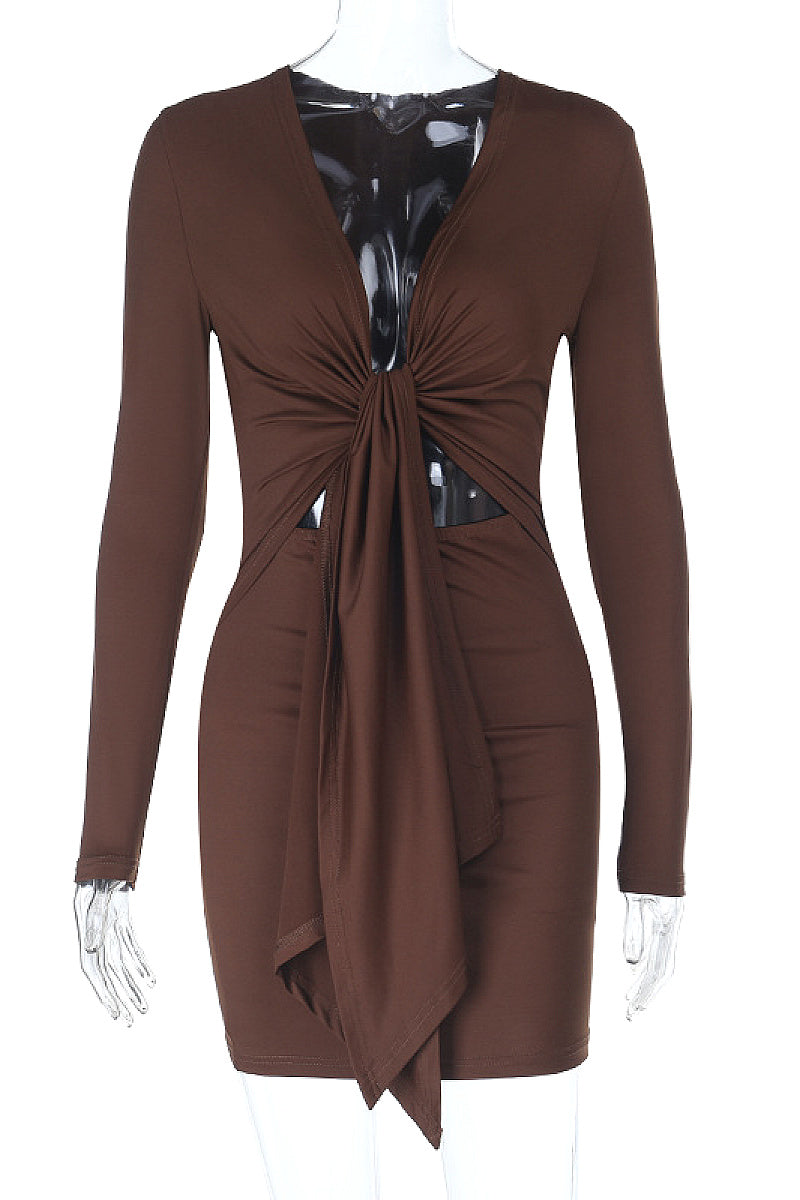 Knit Sexy Deep V Neck Long Sleeve Bodycon Dress