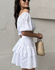 Fashionable White Hollow Out Collar Shirt and Skirt Set