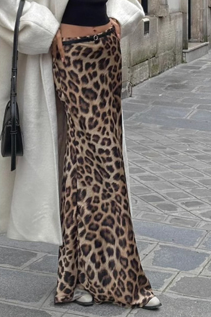 Elegant Satin Leopard Print Midi Skirt
