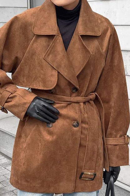 Cognac Double-Breasted Suede Coat