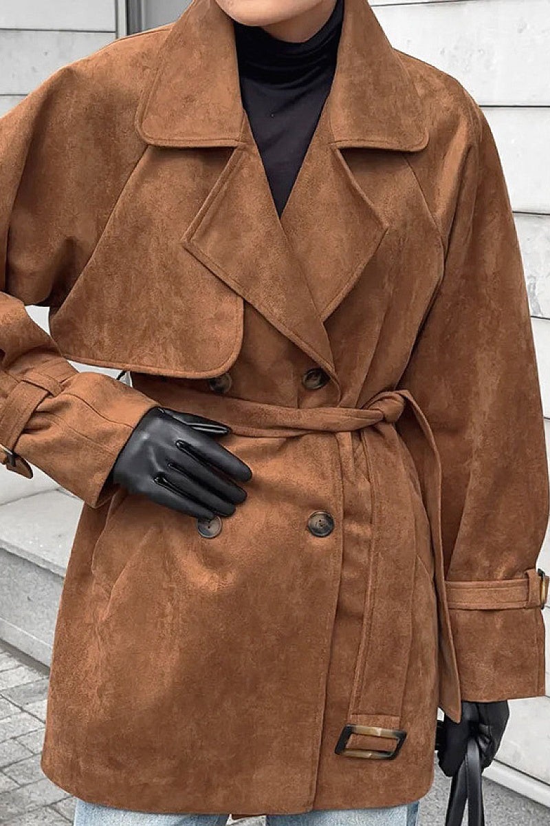 Brown Double-Breasted Suede Coat for Women
