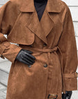 Brown Double-Breasted Suede Coat for Women