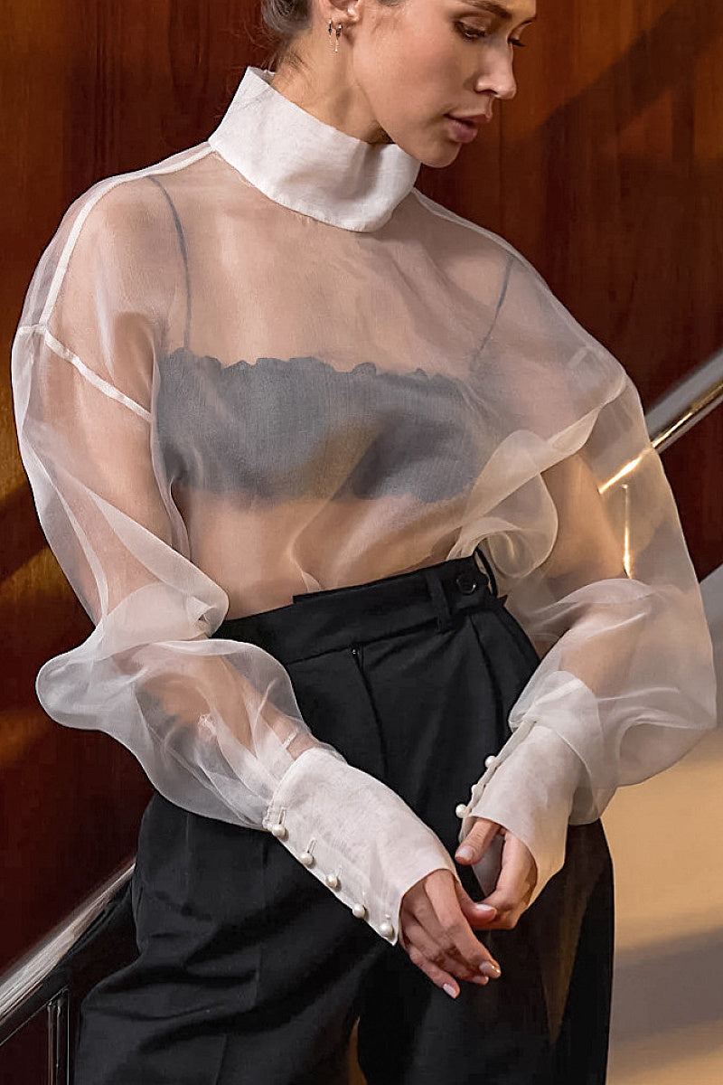 European and American Sheer Long Sleeve Blouse with Puff Sleeves