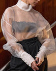 European and American Sheer Long Sleeve Blouse with Puff Sleeves