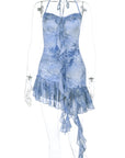 Sexy Floral Ruffle Neck Backless Mini Dress