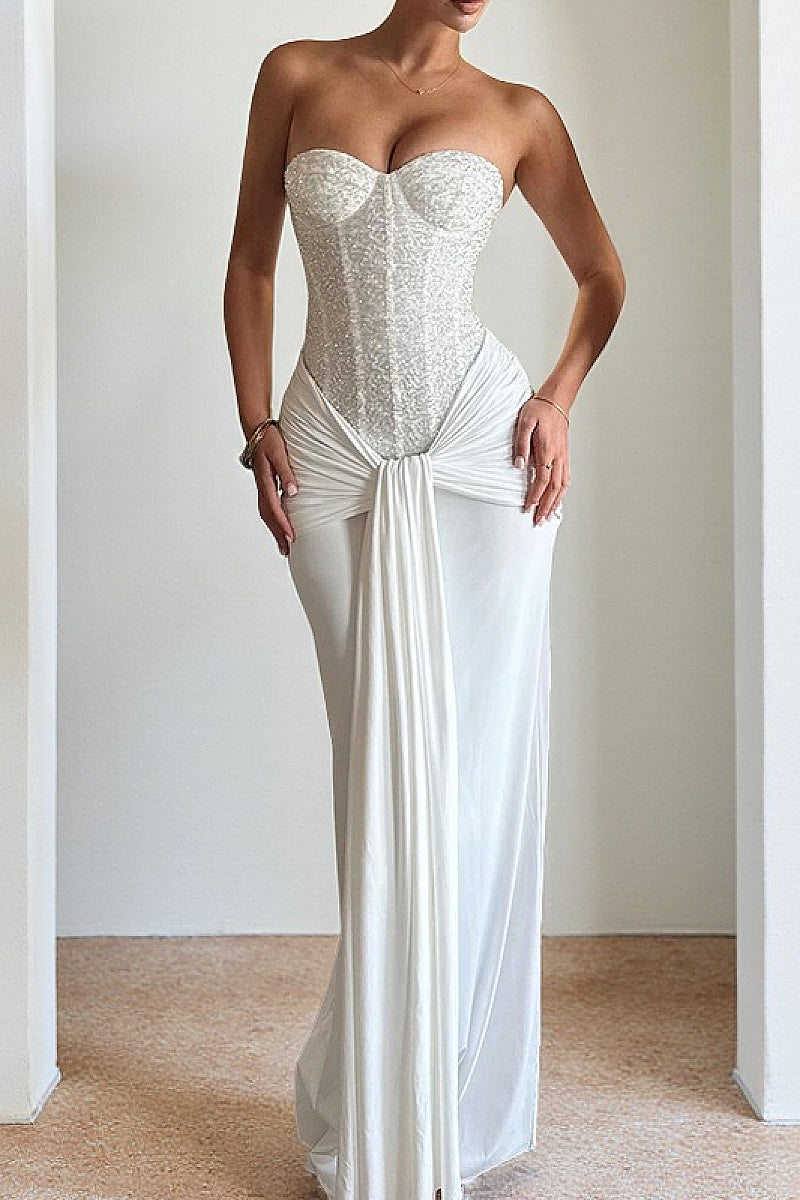 Elegant Strapless Long Dress with Waist Tie